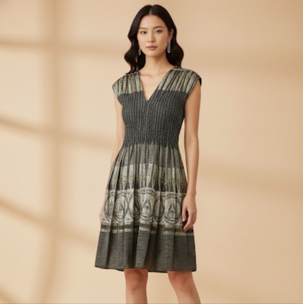 MAX EDITION Women's Metallic Pleated V Neck Dress Size S